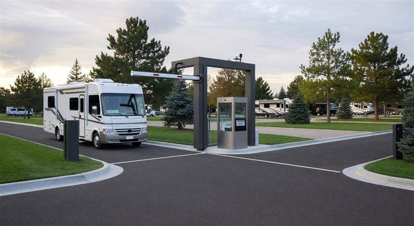 RV entering campground through modern access control gate