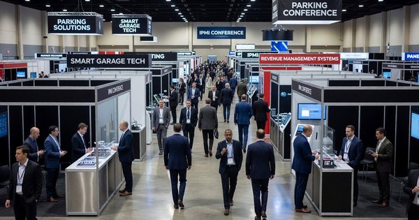Convention center expo floor with parking industry exhibitors and signage at IPMI Conference