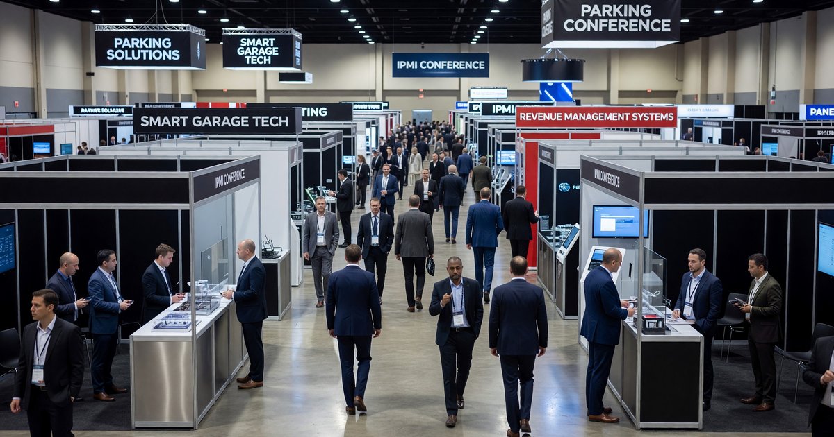 Convention center expo floor with parking industry exhibitors and signage at IPMI Conference