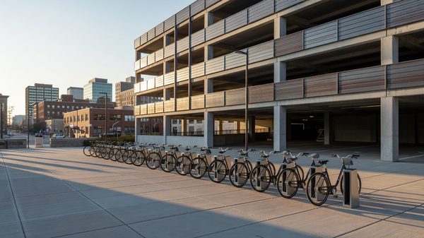 Modern municipal parking garage exterior with adjacent bike share station in a downtown setting