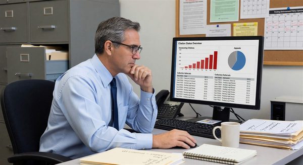 Parking manager reviewing citation status dashboard showing outstanding citations, appeals, and collection referrals