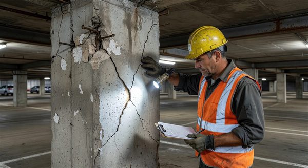 Parking structure with exposed concrete deck undergoing repair and rehabilitation work