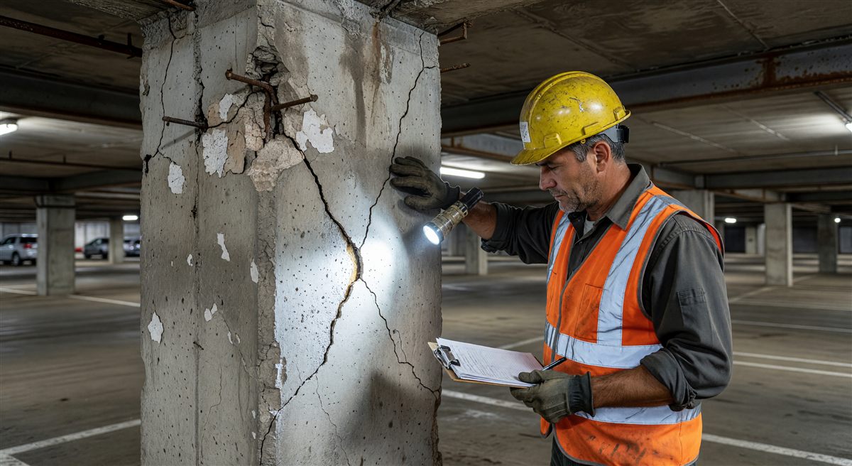 Parking structure with exposed concrete deck undergoing repair and rehabilitation work