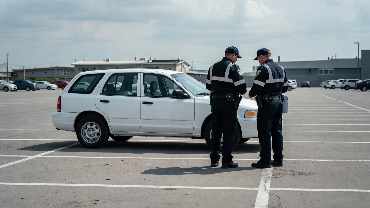 Parking enforcement officers conferring beside a marked enforcement vehicle in a city parking area